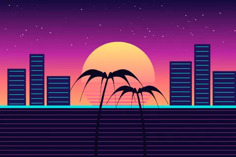 Miami Beach skyline at dusk with palm trees